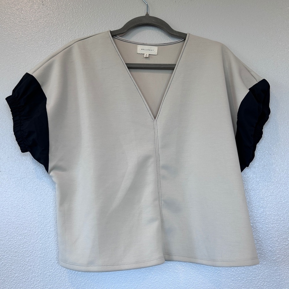 Melloday Womens V-Neck Puff Sleeve Blouse Beige Black Colorblock Top Medium